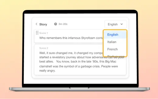 Visla script-to-video feature where users select language and generate narrated video from text script.
